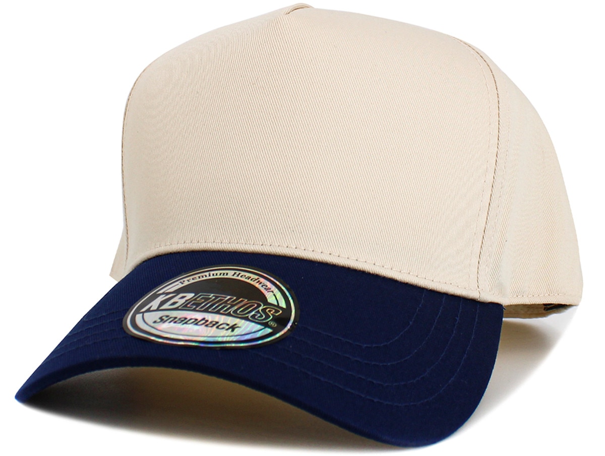 Natural Navy Blue Two Tone Baseball 5 Panel Cap Front Side View